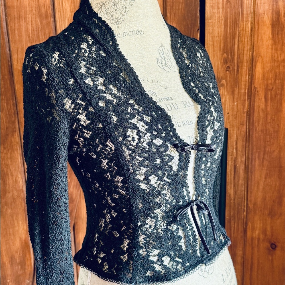 Zara Black Lace Ties Sheer Cardigan Women’s Large - Picture 4 of 4